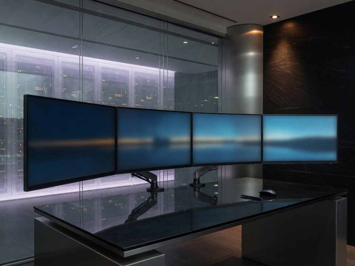 Sleek operations desk with a curved row of monitors and a glass-walled data hall beyond, in a professional DUNAMYX technology studio.