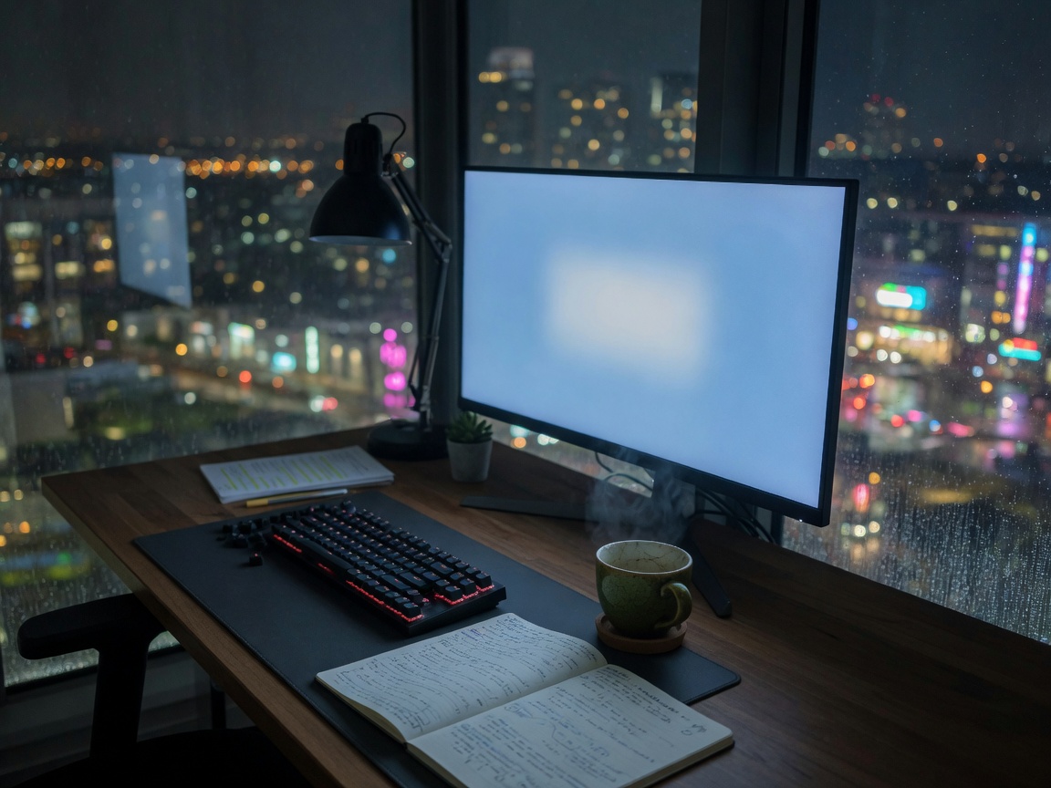 Night desk with a keyboard, notebook, and a monitor glowing beside a city window.