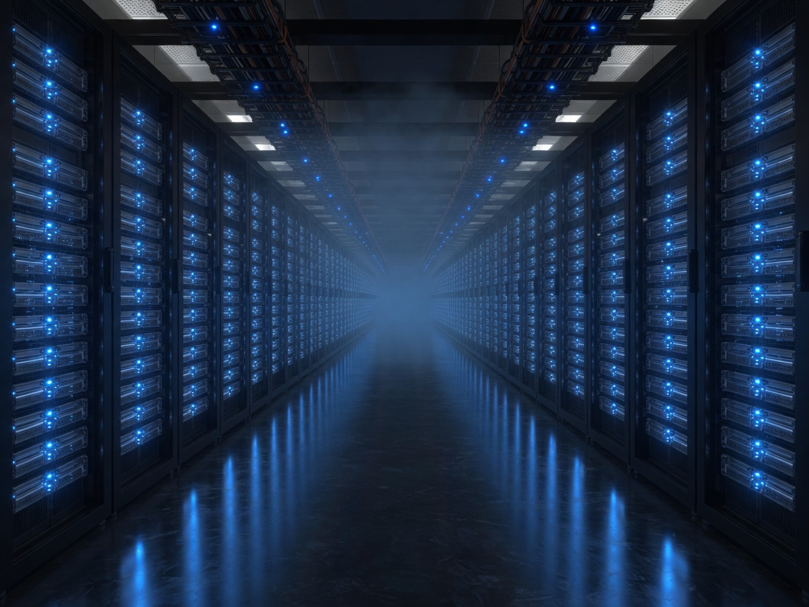Long data-center aisle with cool blue rack lights receding to a vanishing point.