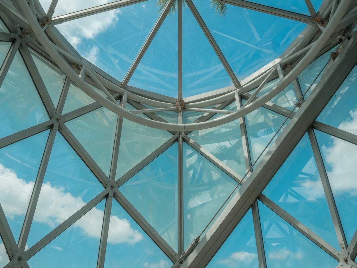 Looking up through a glass atrium at steel ribs and a bright subtropical sky.