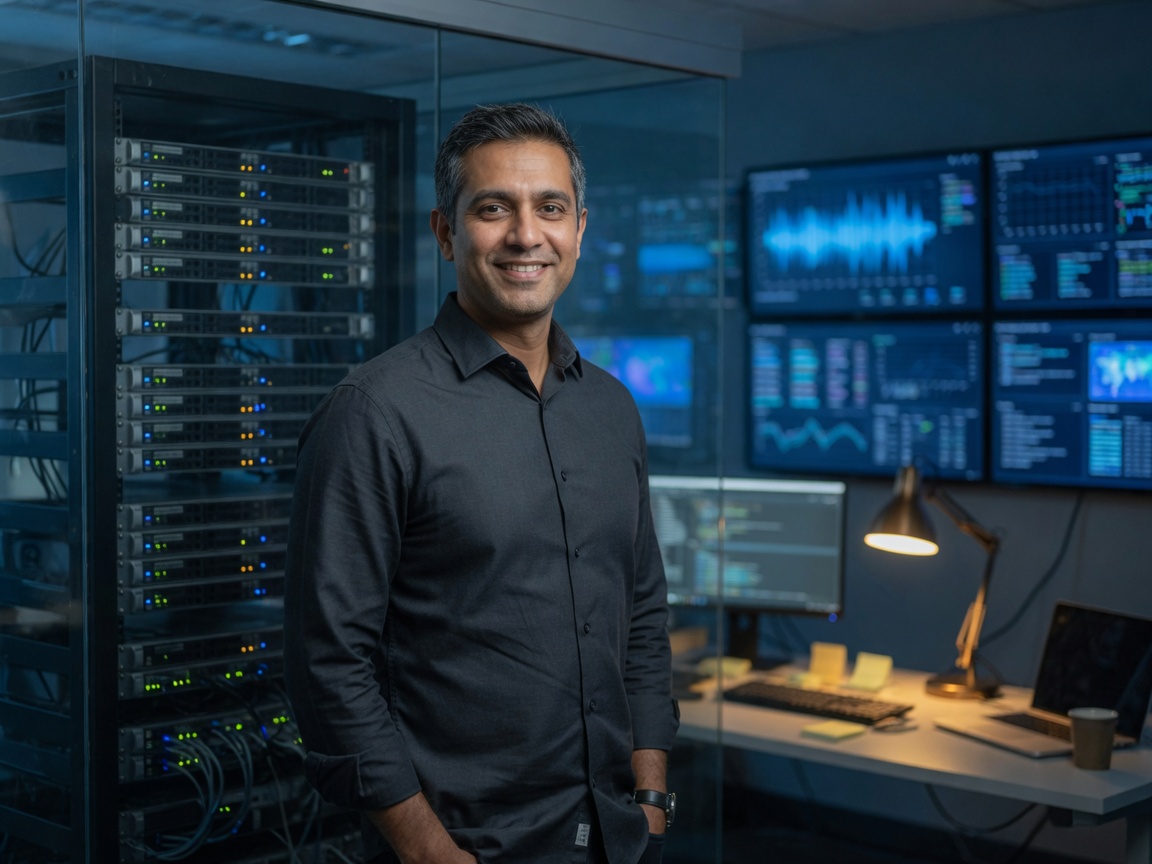 Confident systems engineer smiling toward the camera in a technology operations studio with a server rack, monitoring screens, and a development desk behind him.