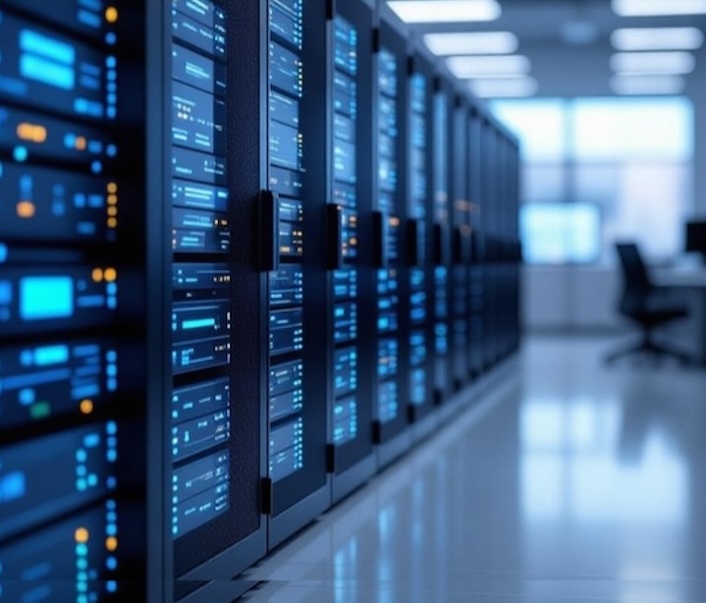 Two neatly organized server racks with tidy blue cabling, switches, servers, and a storage array in a clean IT room.