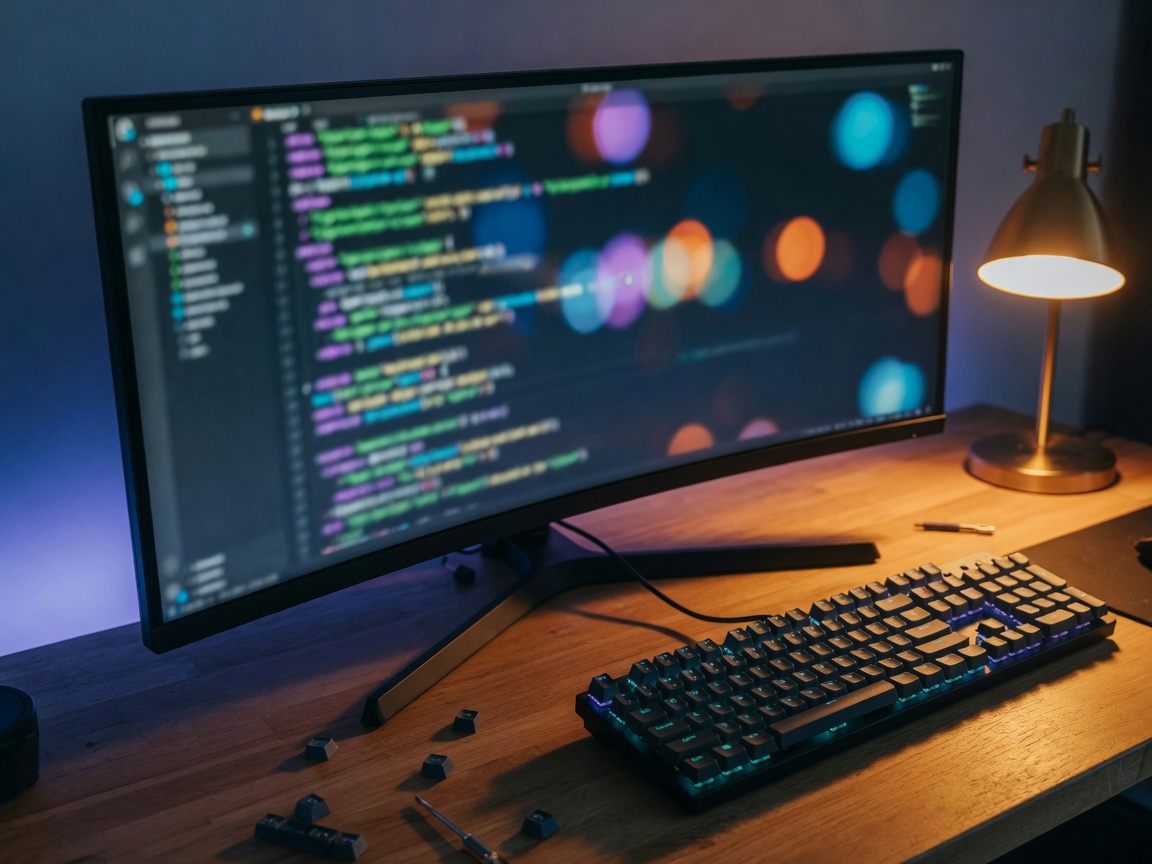 Oak desk with a mechanical keyboard and an ultrawide display in a dark software studio.